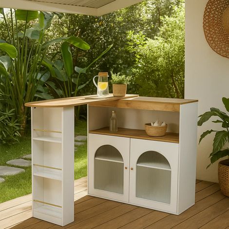 URBAN MEUBLE Table de bar de jardin extensible rotative moderne blanc avec rangement et LED (1/5)