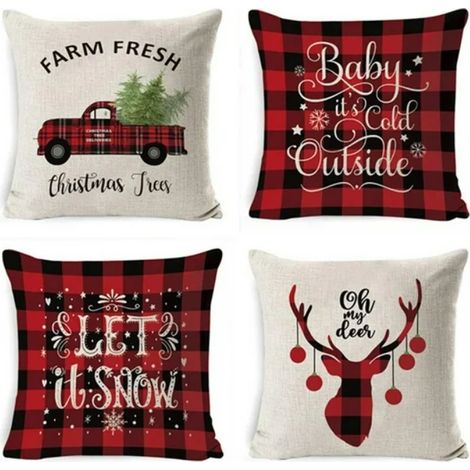 Lot de 4 housses de coussin, lin, 45 x 45 cm, décoratives, Noël, salon (1/5)