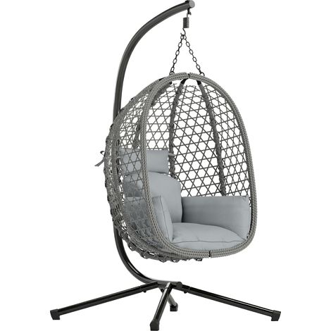 Outsunny Hanging Egg Chair, Rattan Swing Chair with Stand, Dark Grey
