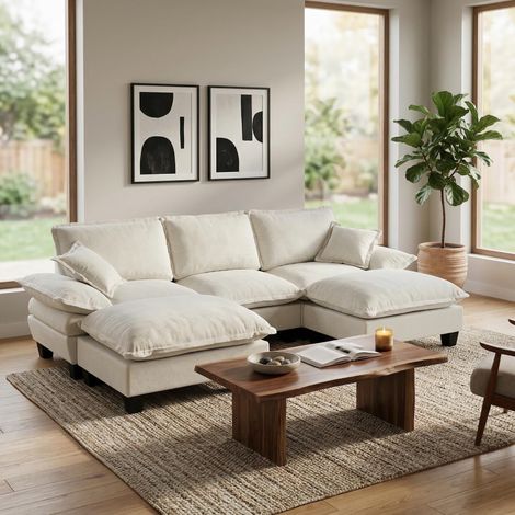 Canapé d'angle modulable, canapé nuage en forme de U, design voilier, comprend 2 poufs amovibles et 2 coussins moelleux, tissu chenille confortable, convient aux salons et appartements, beige. (1/5)