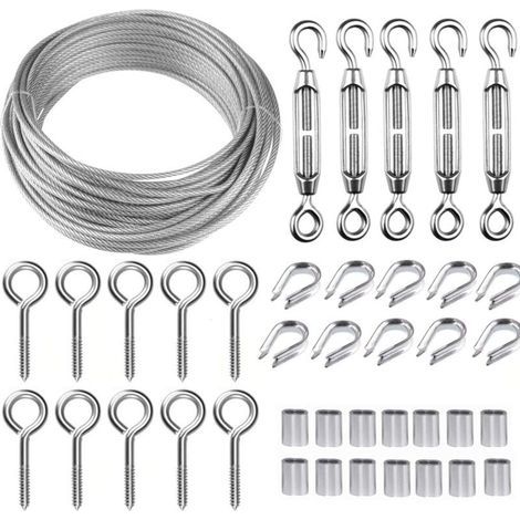 30M Corde en Acier Inoxydable à Suspendre Kit,Kit Cable Métallique,2mm Cable en Acier Inoxydable Revêtu,avec M5 Tendeur Cable et Crochets à Oeil,pour Plantes Grimpante,Rambarde,Corde a linge (1/4)