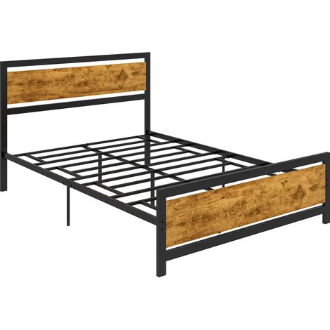 Struttura Letto Una Piazza e Mezza in Legno e Acciaio con Doghe in Stile Industriale, 140x200cm