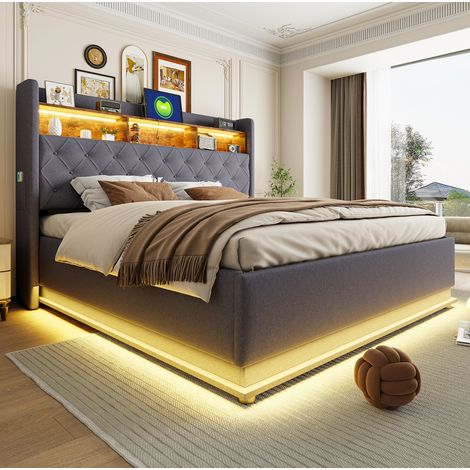 lit adulte rangement coffre 180 cm 200 cm LED USB moderne gris OKMYHOME (1/5)