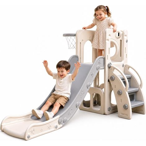 Toboggan Bébé 2-en-1 avec Panier de Basket, Parc de Jeux Intérieur Extérieur pour Enfants 1-3 Ans, Toboggan Enfant avec Échelle et Rampe 140cm - HLC (1/5)
