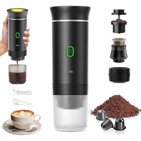 Machine à Café Portable de Voyage,Expresso Cafetière Rechargeable 12V et sa pochette Pour Camping et Voiture,Chauffage Rapide,compatible avec Capsules K-Cup et café moulu,Pour voyage (1/5)