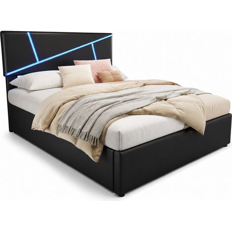 Lit coffre 140x200 double avec LED, sommier à lattes, tête de lit rembourrée, rangement hydraulique et revêtement cuir régénéré noir - CHICFURN (1/5)