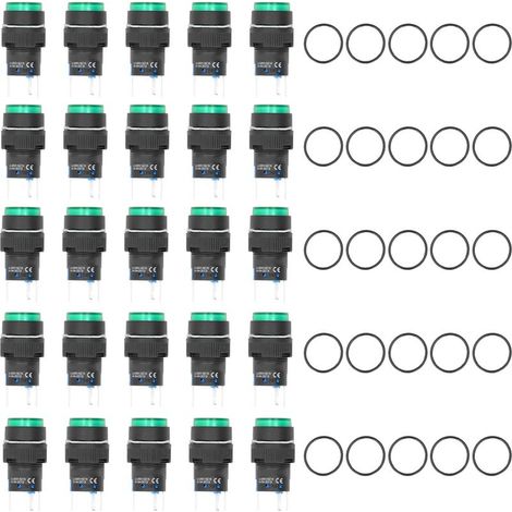 25 interrupteurs à bouton-poussoir ronds autobloquants à 5 broches de 16 mm avec voyant lumineux 220 V vert (1/5)