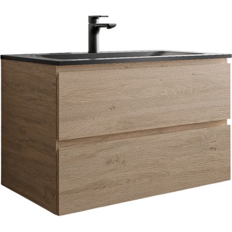 BERNSTEIN - Mobile lavabo sospeso MDF rovere miele, lavabo Ghisa nero opaco + foro rubinetto - 80x46x50cm - AVA BRUSSELS	Rovere Miele Oro, Nero opaco con foro rubinetto