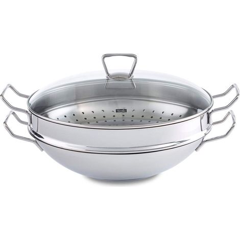 Fissler Nanjing Padella wok in acciaio inox 36 cm, grande padella wok senza rivestimento, padella di ispirazione asiatica con coperchio in vetro, incluso inserto vaporiera, anche a induzione (1/4)