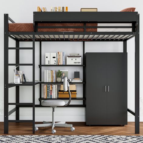 Lit mezzanine 90x200 cm avec table, armoire, grands compartiments et échelle, en fer + aggloméré, noir (1/5)