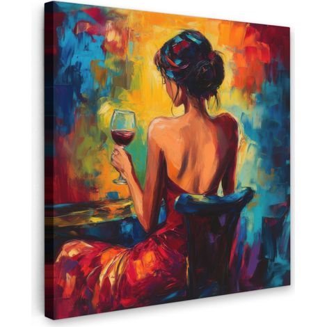 TABLEAU SUR TOILE Vin - Femme - Atmosphérique - Coloré Tableau Chambre Adulte 90x90 cm