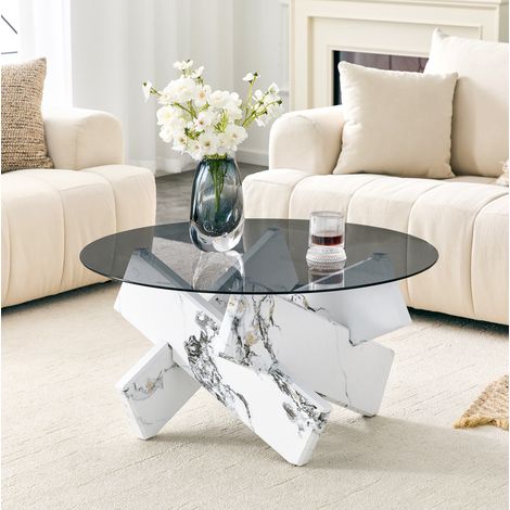 Mesa de centro redonda con tablero de cristal templado, estructura geométrica y MDF efecto mármol - blanco (1/5)