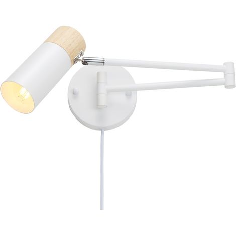 Applique murale moderne bras oscillant bois et aluminium blanc avec prise
