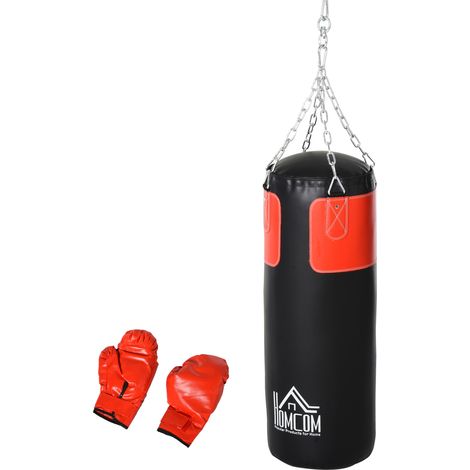 Boxsack-Set Box-Set mit Boxhandschuhen Gefüllt Set für Erwachsene Jugendlichen Hanging Boxing Heavy Bag 16 KG Ø30 x 120 cm Schwarz+Rot (1/5)