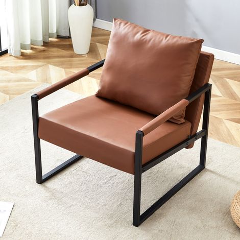 Fauteuil de lecture marron avec structure en métal noir, fauteuil de détente moderne en similicuir, canapé une place pour salon, chambre, bureau (1/4)