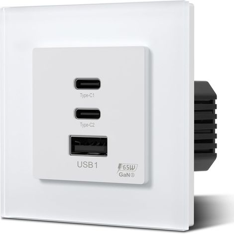 Prise GaN PD 65 W en verre, prise de charge rapide encastrée avec 2 ports de type C et 1 USB A, convient pour téléphones portables et ordinateurs portables, 86 mm blanc (1/5)