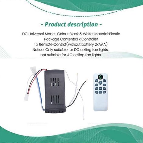 Fernbedienungsset für Deckenventilatoren, 40 W, 6 Geschwindigkeitsstufen, Timerfunktion, Ersatzfernbedienung für DC-Deckenventilatoren, Schwarz/Weiß (1/4)