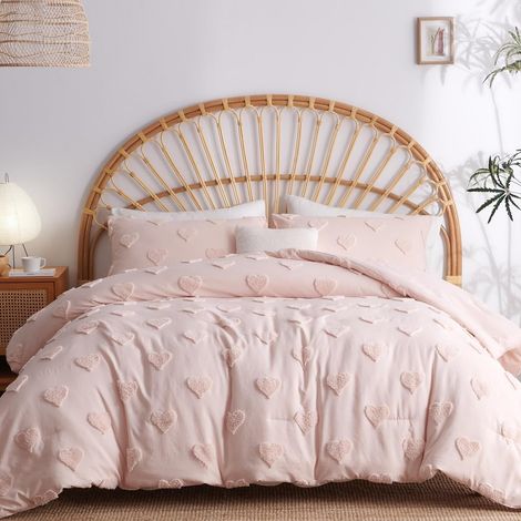 Housse de Couette 240 x 260 cm Coeur Rose + 2 taie d'oreiller 65x65cm,Adulte Ado Tuftée Broderie Parure de Lit 2 Personnes Linge de lit Avez Fermeture Éclair,Motif du cœur (1/5)