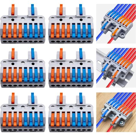 Borniers compacts 2 entrées-8 sorties (6 jeux), connecteurs d'épissure à levier, 2 entrées-8 sorties, rail DIN et fixation à vis, 28-12 AWG, supports et vis inclus (1/5)