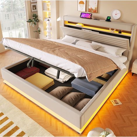 Lit capitonné moderne 180x200 cm en lin beige, tête de lit avec USB/Type-C, LED et coffre hydraulique