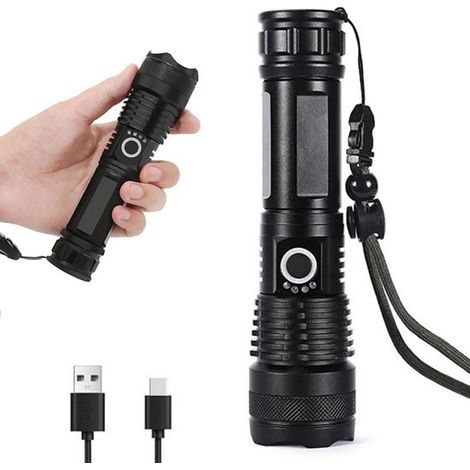 Torcia ricaricabile con funzione zoom e 5 modalità di illuminazione, impermeabile IP65, kit di emergenza, colore nero, torcia a batteria, torcia per bambini. (1/5)