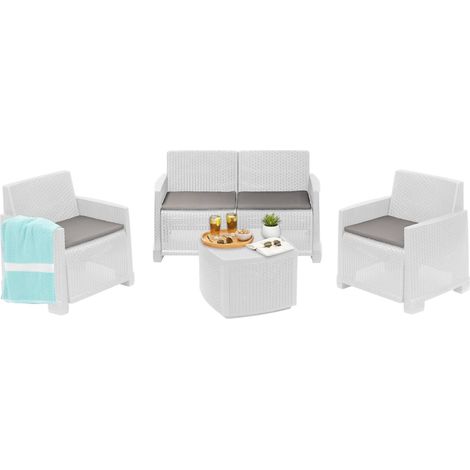 Dmora - Set salotto da esterno Peschici, Set da giardino con 2 poltrone, 1 divano e 1 tavolino contenitore, Effetto rattan con cuscini, 100% Made in Italy, Bianco, con imballo rinforzato (1/3)