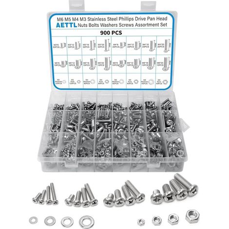 Schrauben Set Edelstahl M3-M6 mit Muttern & Unterlegscheiben, 900 Teile, Sortimentkoffer (1/5)