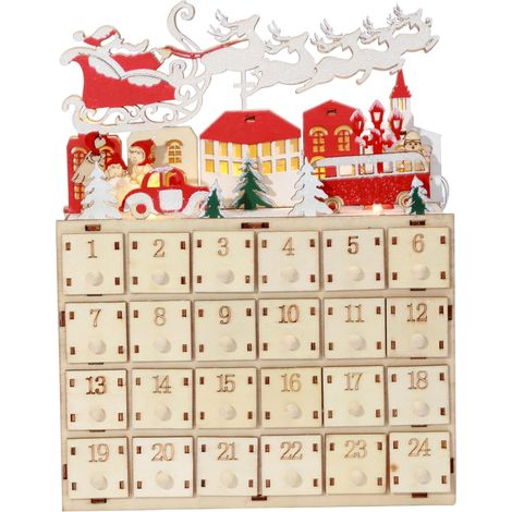 Calendrier Avent bois LED, 24 tiroirs éclairés, compte à rebours déco fête Noël (1/4)