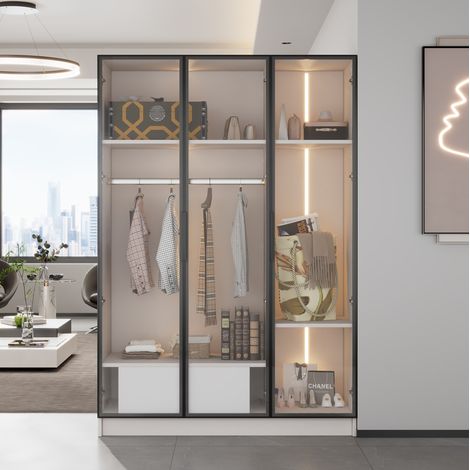 Kleiderschrank aus Spanplatte in Weiß mit 3 Glastüren, 1 Schublade, Kleiderstange, offenem Fach und LED 110x50x160 cm (1/5)