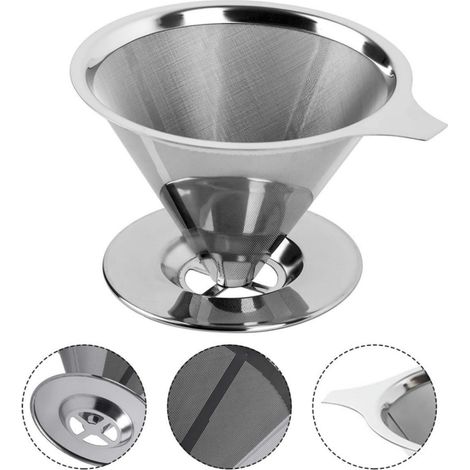 Filtre à café en acier inoxydable 304 - Porte-filtre réutilisable et écologique - Dripper de voyage pour camping - Double filtration - Entonnoir à café pour infusion (1/2)