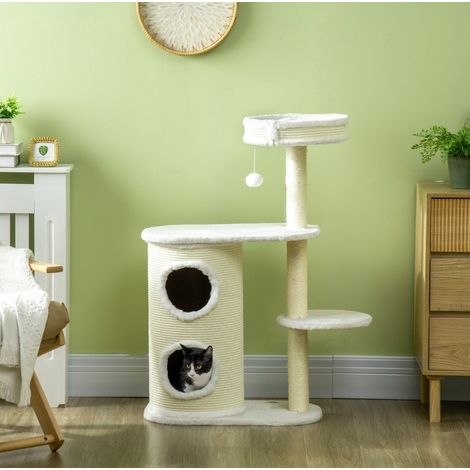 Katzenbaum mit Kratztonne, 100 cm, mit Korb und Spielzeug, cremeweiß OKMYHOME (1/5)