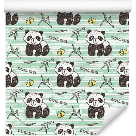 Papel pintado de pandas sobre fondo verde para salón y dormitorio, 50x1000 cm. (1/5)