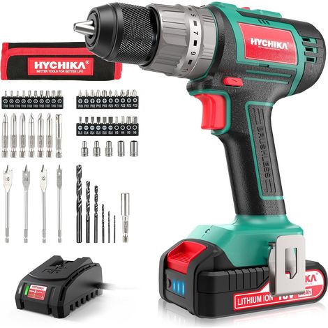 HYCHIKA Akkuschrauber 60 Nm Max, 18 V Bohrmaschine, bürstenlos mit 2,0 Ah Akku und 53-teiligem Zubehörset, 2 Gänge, 21 + 3 Drehmomentstufen, Bohrmaschine mit Hammerfunktion (1/5)