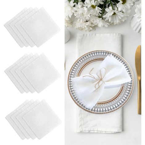 Lot de 12 serviettes en tissu avec franges - 32 x 32 cm - Serviettes de table en coton - Serviettes en lin blanc - Pour décoration de table, mariage, dîner (1/5)