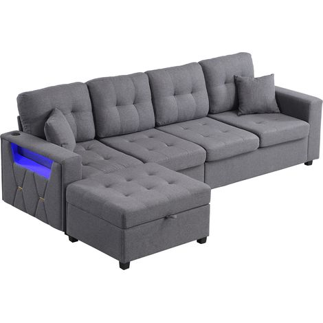 Sofá De Esquina Modular 4 Plazas con Otomana de Almacenaje, Luz LED y Puertos USB y Type-C, Lino Gris Antiguo (1/5)