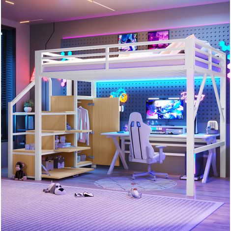 Letto a soppalco 140x200 cm moderno in metallo e MDF bianco con armadio, vani contenitore, scala contenitore e LED (1/5)