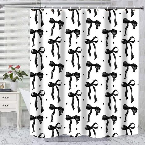 Joli rideau de douche noir avec nœud décoratif - Ensemble de rideau de salle de bain imperméable pour femmes, 183 x 183 cm avec crochets, noir et blanc (1/5)