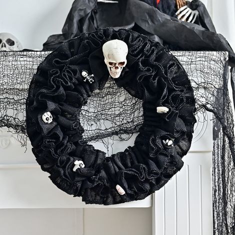 Guirlande Halloween - Couronne Noire pour Porte d'Entrée - Décoration Extérieure et Intérieure - En Tissu - 1 Pièce (1/5)