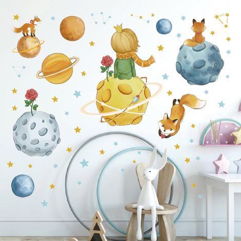 Ein Set Wandsticker mit Prinzen, Planeten, Tieren und Sternen. Wandsticker für Schlafzimmer, Spielzimmer, Wohnzimmer und Büros. (1/5)