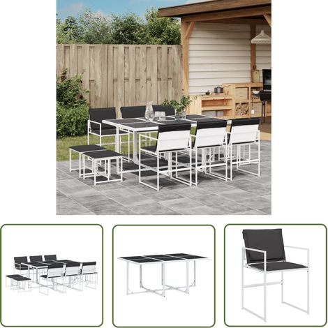 The Living Store Ensemble à manger de jardin avec coussins 11pcs blanc textilène - Meubles De Jardin - Salon De Jardin - Set De Jardin - Table De Jardin - Chaises De Jardin (1/5)