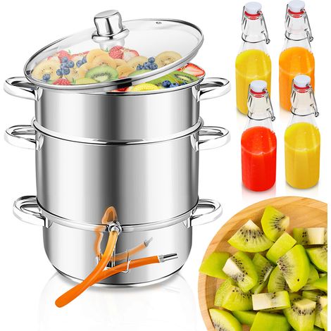 TolleTour Exprimidor a vapor de 8 l de acero inoxidable con 4 botellas con tapón de clip: exprimidor para frutas y verduras, Ø 26 cm, apto para lavavajillas, para todo tipo de cocinas, incluidas las d (1/5)