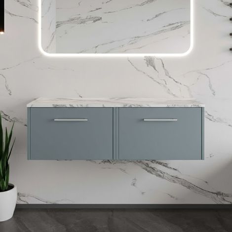 Hudson Reed Juno Wall Hung 2-Drawer Vanity Unit with Carrera Marble Worktop 1200mm Wide - Coastal Grey (1/4)