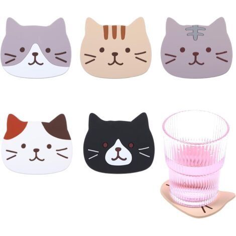 Lot de 5 dessous de verre en silicone en forme de chat, dessous de verre en silicone antidérants et résistants à la chaleur pour table, bureau, boissons, protection de meubles, cuisine (1/5)