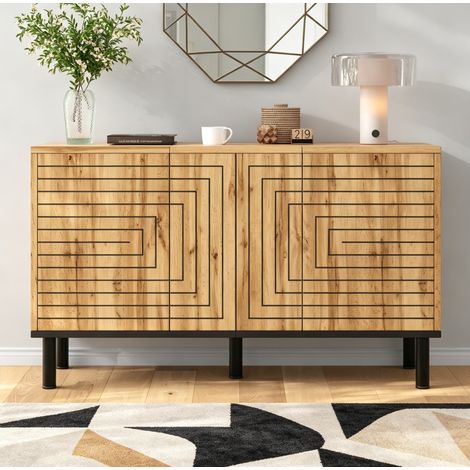 Buffet de rangement 3 portes push-open motif ondulé 120 x 35 x 68 cm MDF bois naturel REDOM (1/5)