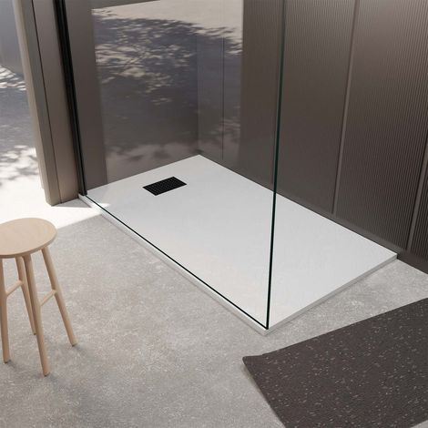Piatto Doccia Bianco Effetto Pietra 80x120 cm e Griglia motivo Perforato Nero Opaco (1/4)