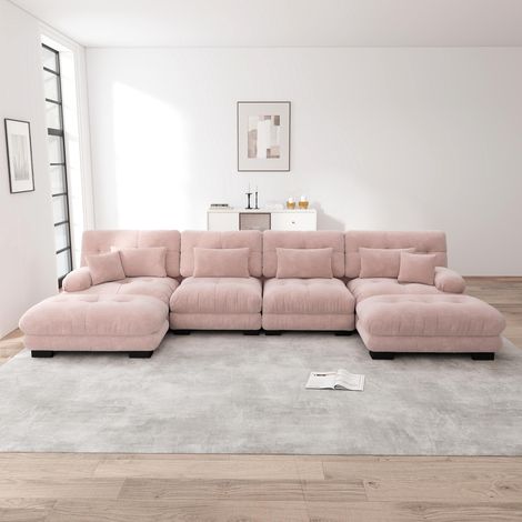 Canapé d'angle modulable, ensemble canapé en U pour salon, canapé nuage confortable 4 places avec pouf amovible, combinaison à composer soi-même, chenille, rose (1/5)