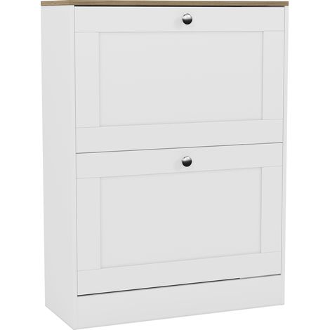 2 Drawer Shoe Cabinet Space Saving Hallway Storage, H 80 x W 58 x D 24 cm, White and Oak
