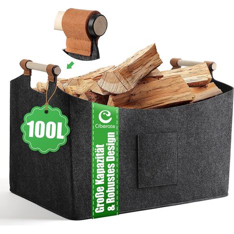 XXXL 100L Panier en feutre Panier en bois pour bois de cheminée Panier en bois de chauffage Sac en feutre pliable avec poignées antidérapantes et poche frontale Panier à bois de feu comme (1/5)