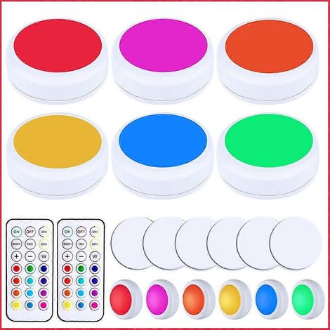 Lot de 6 lampes LED pour placards, éclairage d'escalier sans fil à intensité variable avec télécommande, 13 couleurs, fonctionne sur piles, pour placards, cuisines et penderies. (1/4)