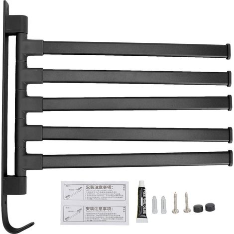 Barre à serviettes pivotante 5 bras, mural sans perçage, porte-serviettes à rotation, rangement double usage pour salle de bain, noir (1/5)